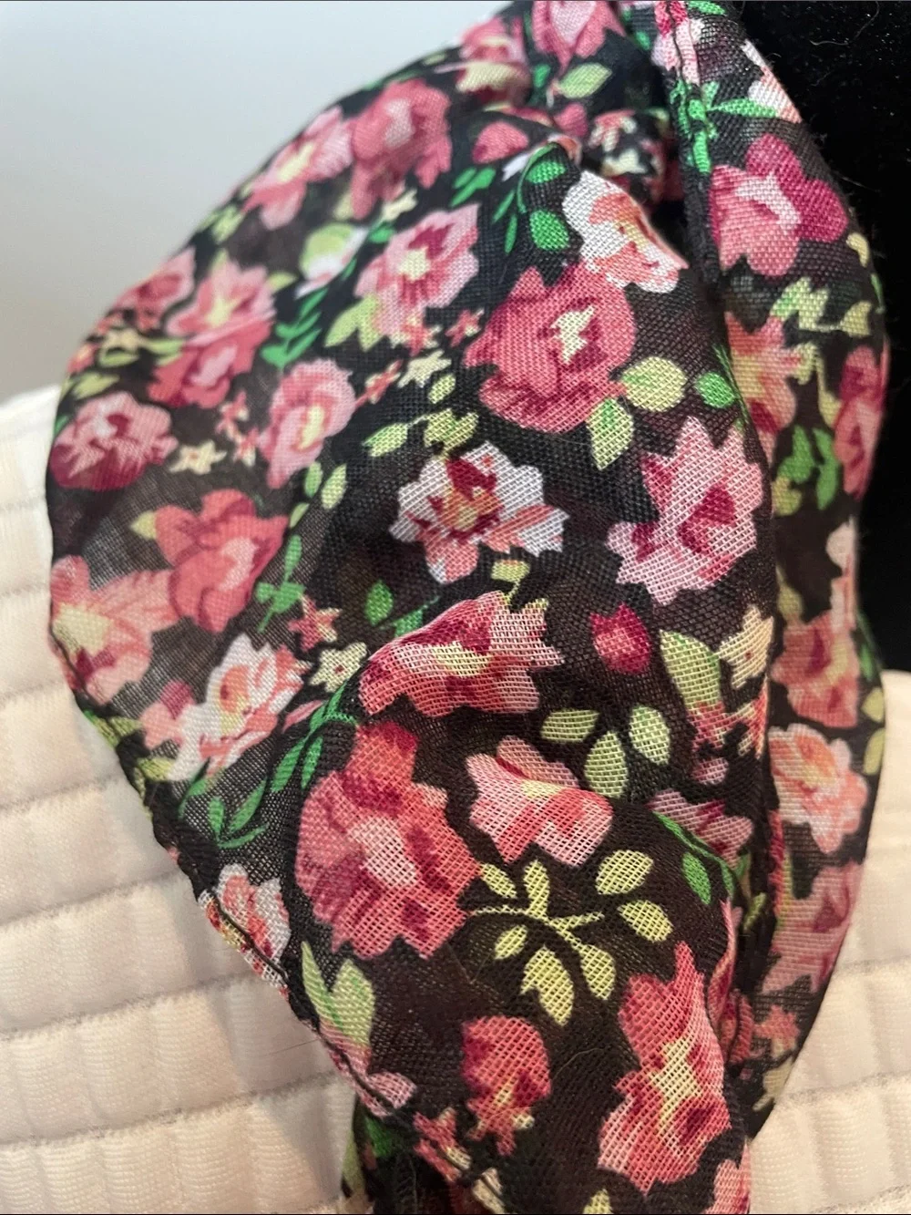 Lightweight Black Floral Scarf with Pink Roses
